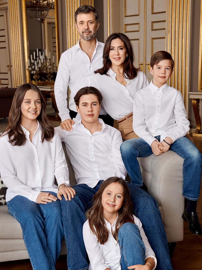 Princess Mary with Prince Frederik and children Prince Christian, Princess Isabella, Princess Josephine and Prince Vincent to celebrate her 50th birthday.