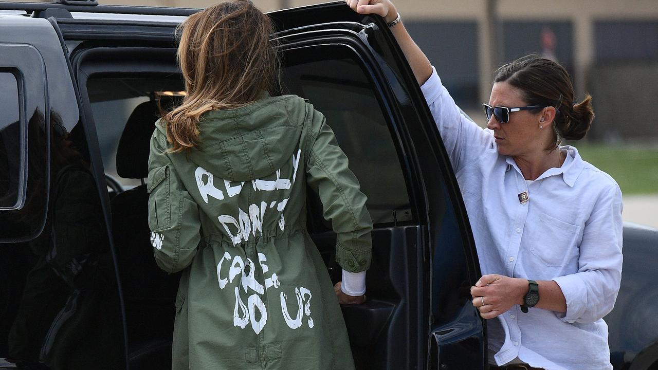 US First Lady Melania Trump wearing a jacket emblazoned with the words ‘I really don't care, do u?’ following her surprise visit with child migrants on the US-Mexico border. Picture: AFP