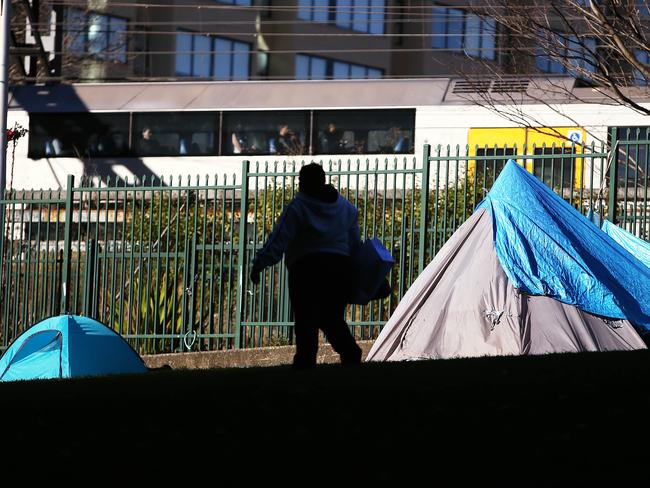 A tent “city” has become part of Belmore Park, opposite the train station.