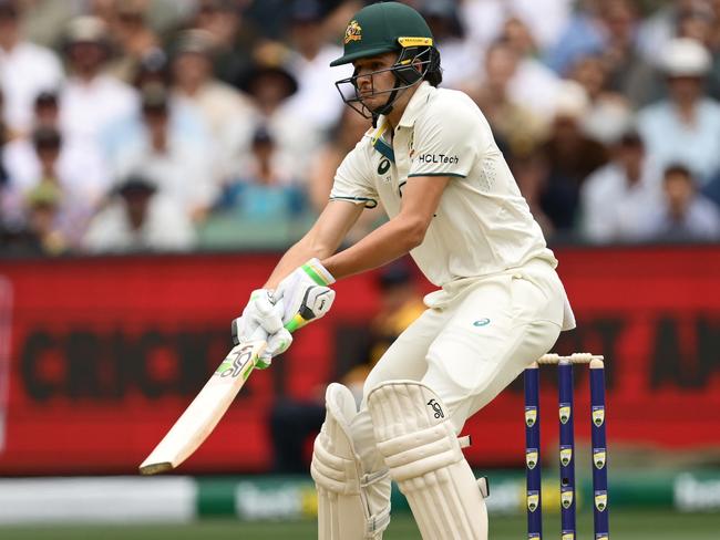 Sam Konstas plays a shot in day one of the Fourth Test at Melbourne on Boxing Day. Picture: Quinn Rooney/Getty Images