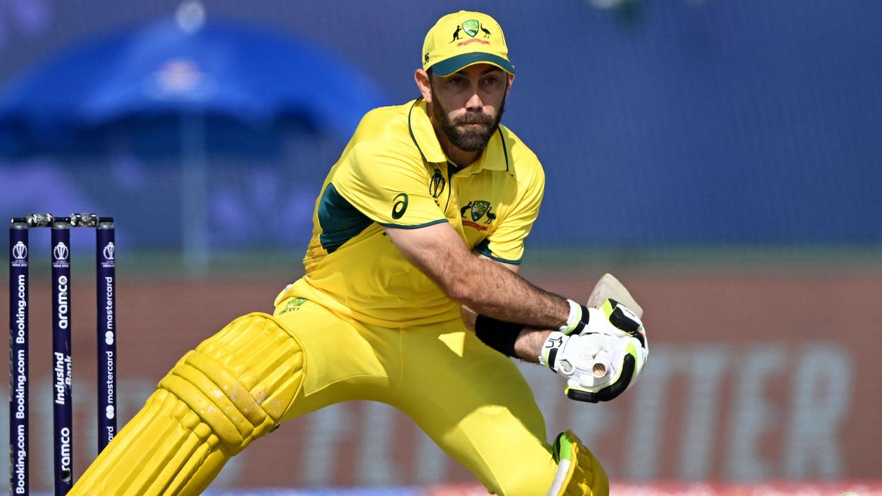 Glenn Maxwell launching into one of his punishing reverse sweeps. Picture: Arun Sankar/AFP