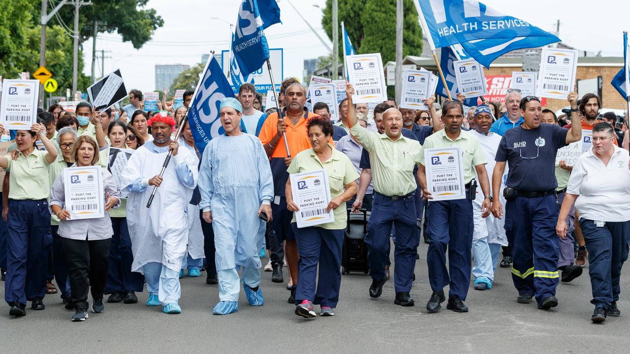 Concord Hospital workers went on strike for an hour today to protest a $2600 hike in annual parking costs. Picture: Max Mason-Hubers