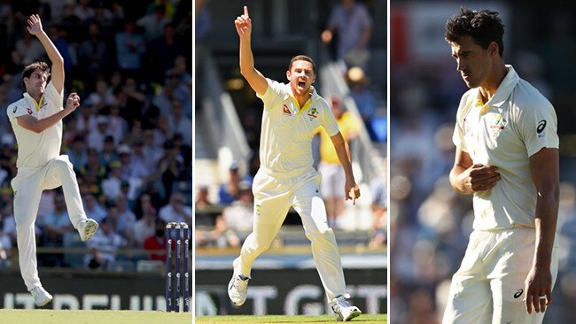 Aussie pace trio (from left) Pat Cummins, Josh Hazlewood and Mitchell Starc.