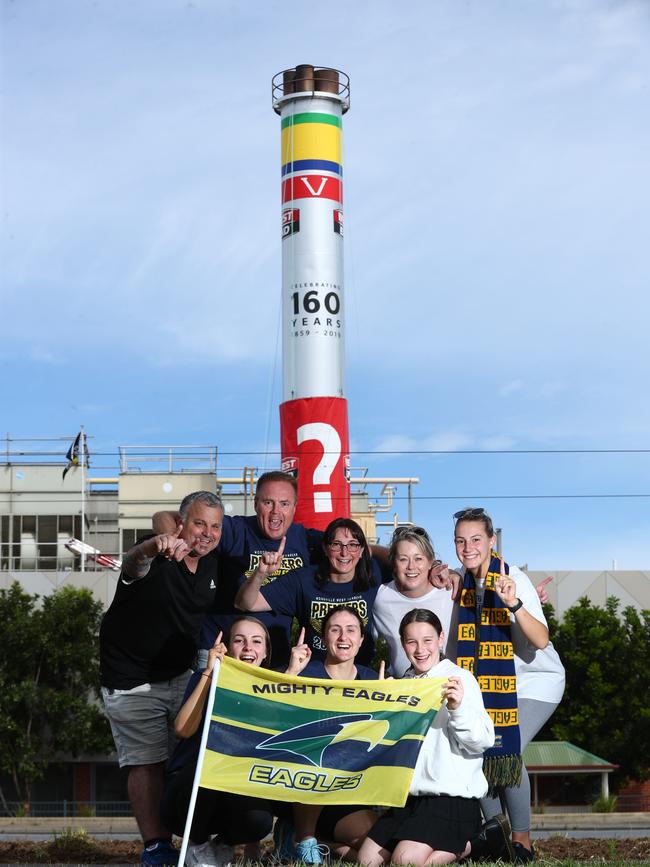 Around 40 Eagles fans gathered to watch the chimney unveiling from across the road of the West End Brewery. Back l-r Brett Mansell D’Arcy Evans, Karen Evans, Jodie Mansell,Teagen Evans, front l-r Madison Evans, Emma Moore and Torie Mansell. Pic: Tait Schmaal.