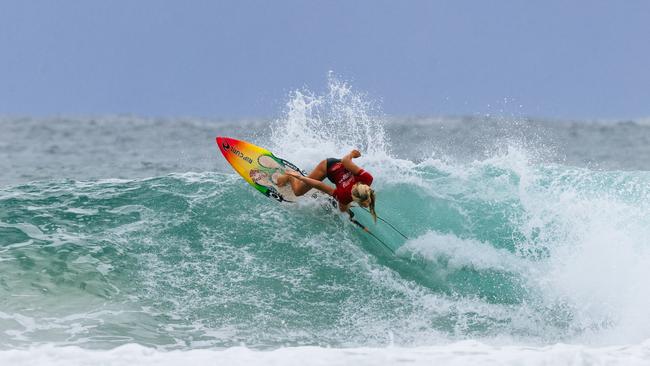 Texas-born, Hawaii-raised Erin Brooks surfing on finals day at the Bonsoy Gold Coast Pro. Picture: Cait Miers/World Surf League