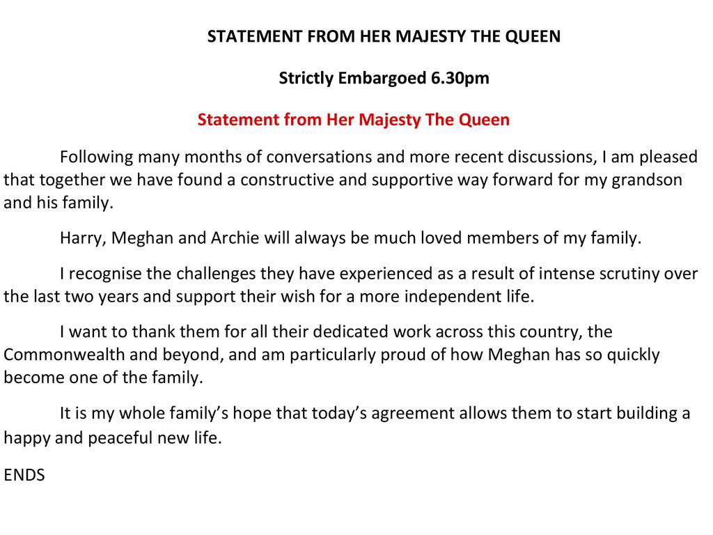 This handout issued by Buckingham Palace on Saturday, Jan. 18, 2020 shows a statement from Britain's Queen Elizabeth.