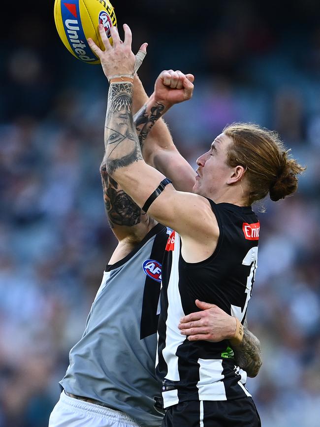 Beau McCreery gets his hands on the ball as the Magpies racked up 137 marks.