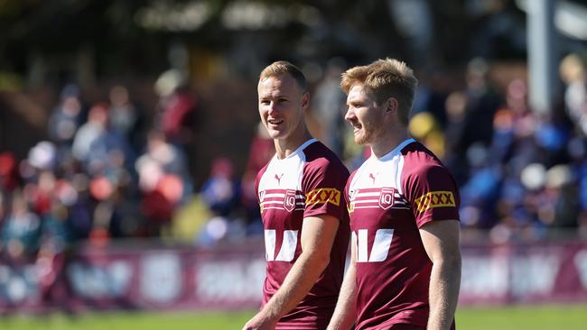 Daly Cherry-Evans and Tom Dearden together as the Queensland Origin team hold a training session and fan day at Toowoomba ahead of game 2 in Melbourne. Picture: Adam Head
