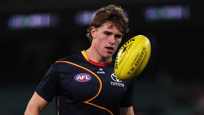 ADELAIDE, AUSTRALIA - MAY 02: Daniel Curtin of the Crows warms up during the 2024 AFL Round 08 match between the Adelaide Crows and the Port Adelaide Power at Adelaide Oval on May 02, 2024 in Adelaide, Australia. (Photo by James Elsby/AFL Photos via Getty Images)