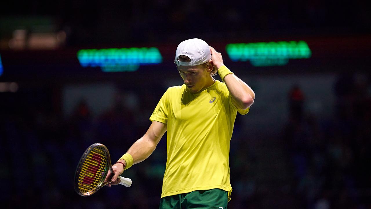 MALAGA, SPAIN – NOVEMBER 27: Alex de Minaur of Australia looks on during the Davis Cup by Rakuten Finals 2022 Final singles match between Australia and Canada at Palacio de los Deportes Jose Maria Martin Carpena on November 27, 2022 in Malaga, Spain. (Photo by Fran Santiago/Getty Images)