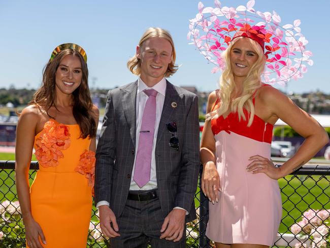 Emily Riordan, Ollie Dempsey and Shayna Jack.Cox plate at Moonee Valley Races celebrities, crowds and racing. Picture: Jason Edwards