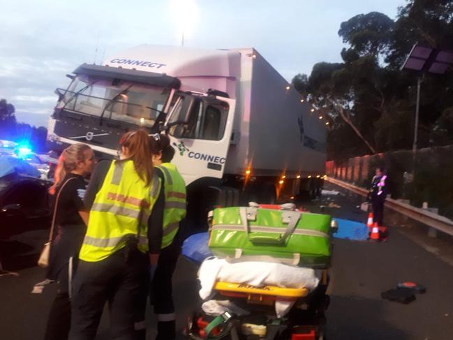 Traffic has stopped after a horrific crash between a truck and car on the Eastern Fwy. Picture: Supplied