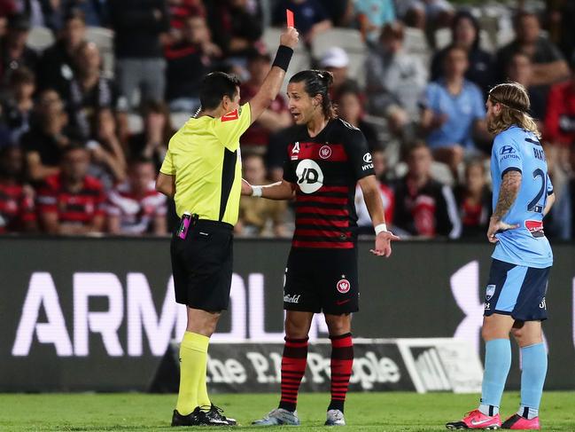 SYDNEY, AUSTRALIA - FEBRUARY 28: Daniel Georgievski of the Wanderers is given a red card during the round 18 A-League match between Sydney FC and the Western Sydney Wanderers at Netstrata Jubilee Stadium on February 28, 2020 in Sydney, Australia. (Photo by Matt King/Getty Images)