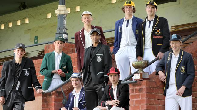 Captains ahead of the SAAS T20 Bowl (from left to right) Caleb Pasculli (Adelaide High), Fin Bennett (Westminster), Cormac Dwyer (St Peter’s), Carl Arnold (Prince Alfred), Tejas Gill (Adelaide High), Nash Richman (Rostrevor), Darcy McRostie (Pembroke), Harry Chaplin (Scotch) and Nick Taylor (Immanuel). Picture: Dean Martin