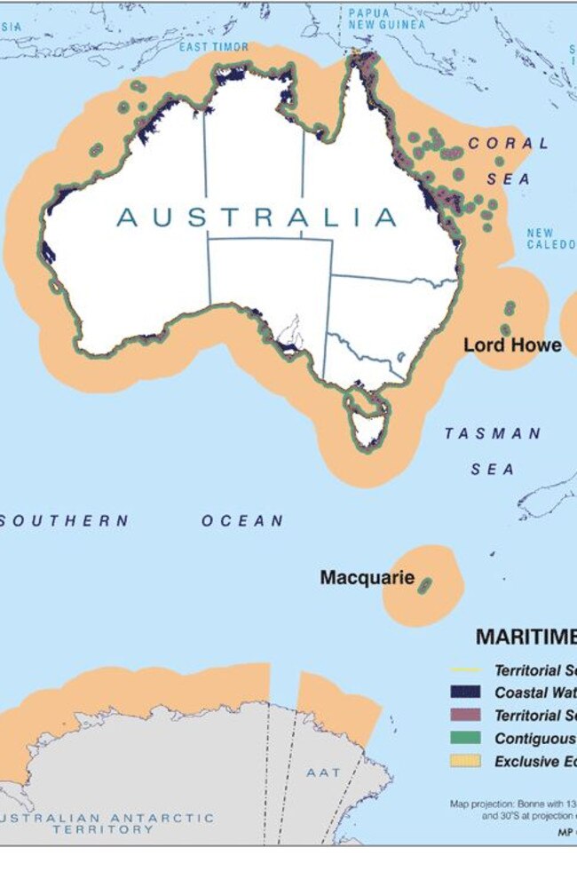 The Exclusive Economic Zone (EEZ), seen in orange, is an area beyond and adjacent to the territorial sea. Picture: Geoscience Australia