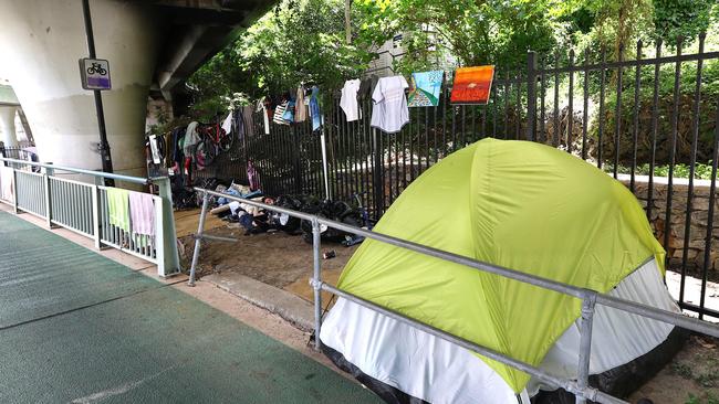 Homeless tent and rough living is occurring along the Bicentennial Bikeway from Victoria Bridge though to William Jolly Bridge. Picture David Clark