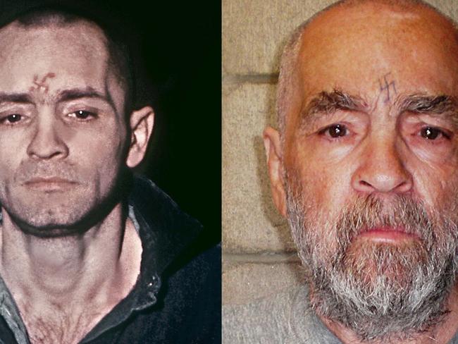 Charles Manson in 1971 during his trial and again in 2009. Picture: AP