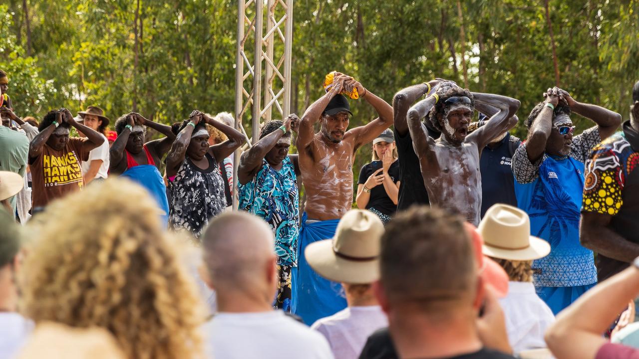 The Manggalili community performs during the opening ceremony of the Garma Festival at Gulkula. Picture: Tamati Smith/Getty Images