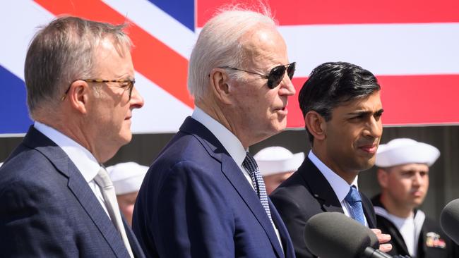 Anthony Albanese, left, with US President Joe Biden and British Prime Minister Rishi Sunak after their trilateral meeting during the AUKUS summit in San Diego on March 13. Picture: Getty Images