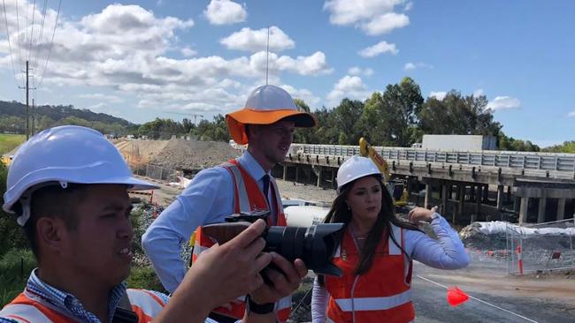 Transport Minister Mark Bailey and Gaven MP Meaghan Scanlon on a site tour of work on the M1 upgrade.