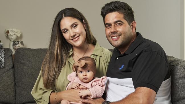 Parents, Nadia and Tim Iannunzio with their baby, Gia, 12 weeks, at home in Klemzig. Picture: Matt Loxton