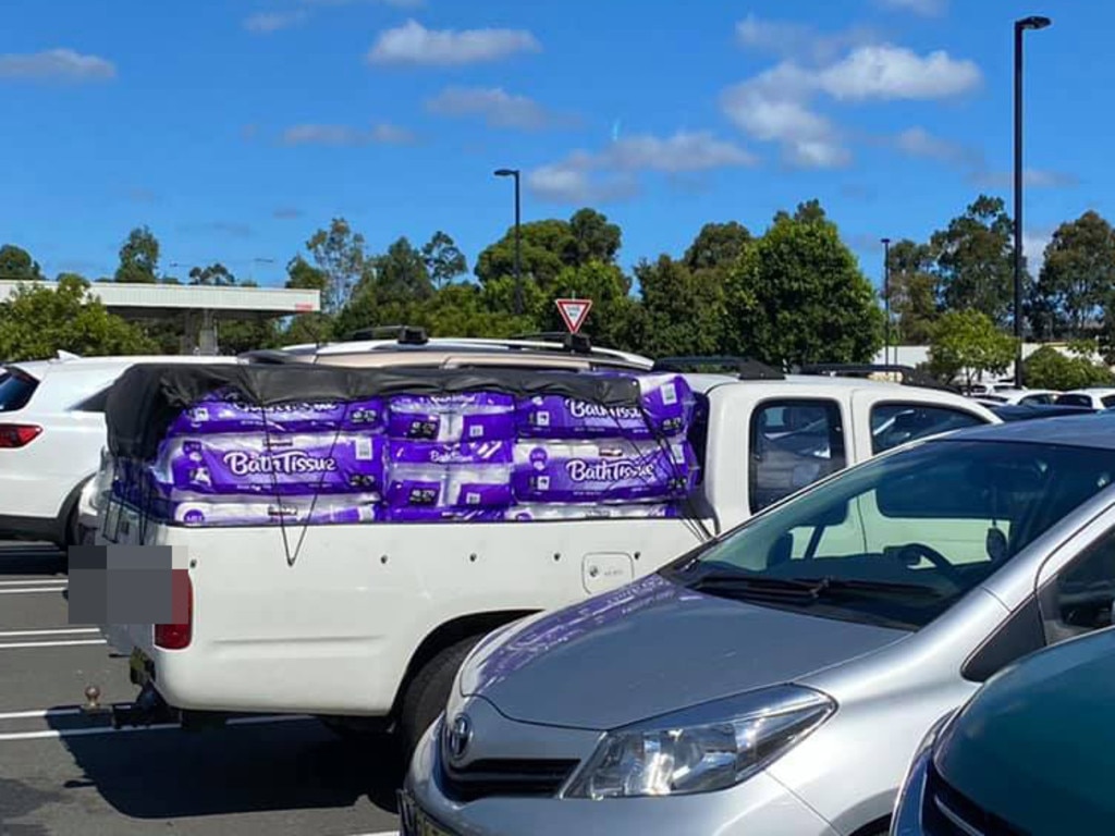 This photo of a ute filled with toilet paper outside NSW Costco has sparked fury. Picture: Facebook