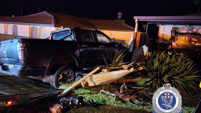 Quite the mess. It was a good thing Owens was a landscaper because his wild ride caused significant damage to the fence and gardens of the houses. Picture: NSW Police