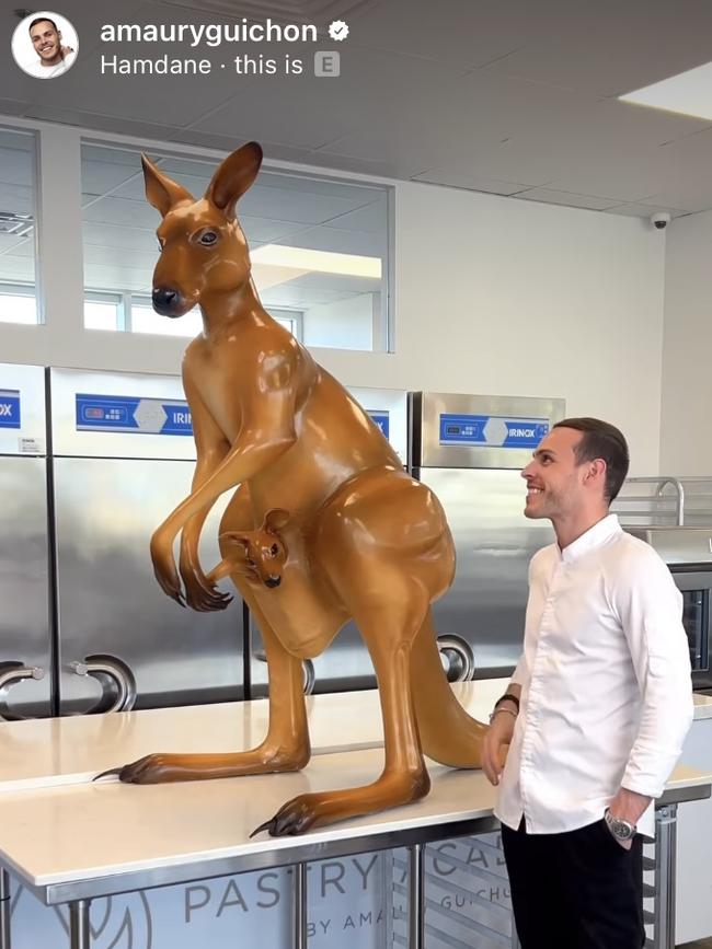 Amaury Guichon who is co-hosting MasterChef: Dessert Masters with his life size chocolate kangaroo. Picture: Instagram/Supplied