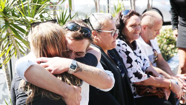 Shattered … Brendon Easey, brother of Danielle Easey, leaves Belmont Court with family and friends. Picture: Peter Lorimer