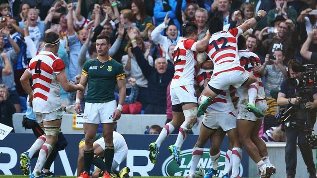 Karne Hesketh of Japan celebrates his winning try at the 2015 Rugby World Cup.