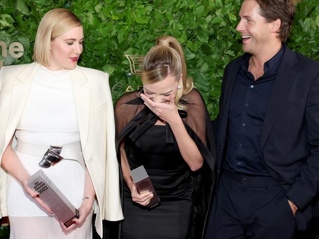 Greta Gerwig, Margot Robbie and Tom Ackerley at the 2023 Gotham Awards. Picture: Mike Coppola/Getty Images