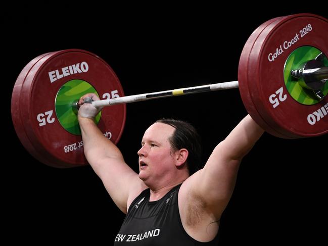 Laurel Hubbard of New Zealand during for the Women's +90kg Weightlifting Final on day five of the XXI Commonwealth Games, at the Gold Coast, Australia, Monday, April 9, 2018 . (AAP Image/Dean Lewins) NO ARCHIVING, EDITORIAL USE ONLY