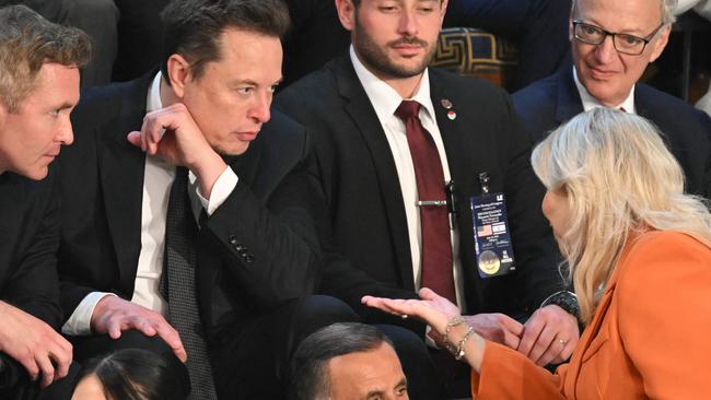 Elon Musk speaks with Sara Netanyahu before her husband, Israeli Prime Minister Benjamin Netanyahu, addressed a joint meeting of Congress at the US Capitol on July 24. Picture: Saul Loeb/AFP