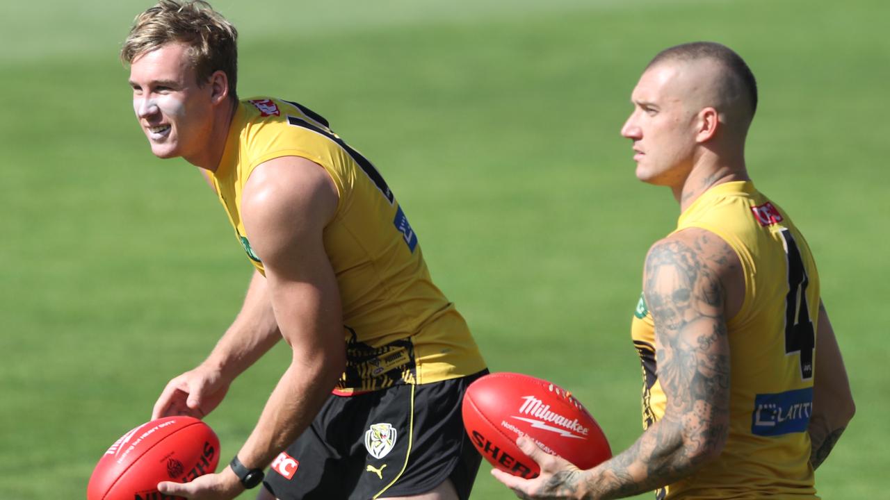Tom Lynch and Dustin Martin at Richmond training. Picture: David Crosling