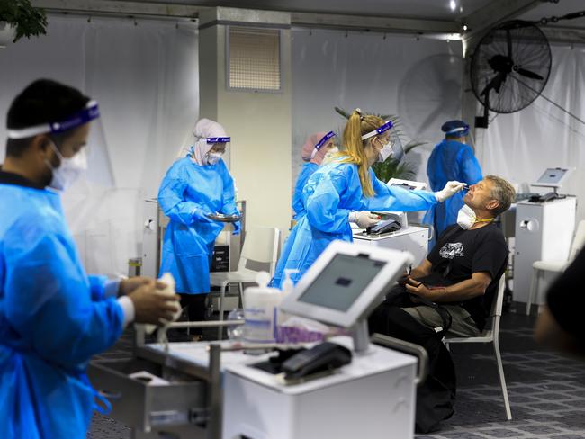 A man receives a Covid test at the Histopath’s pre-departure clinic at Sydney Airport. Picture: Getty Images.