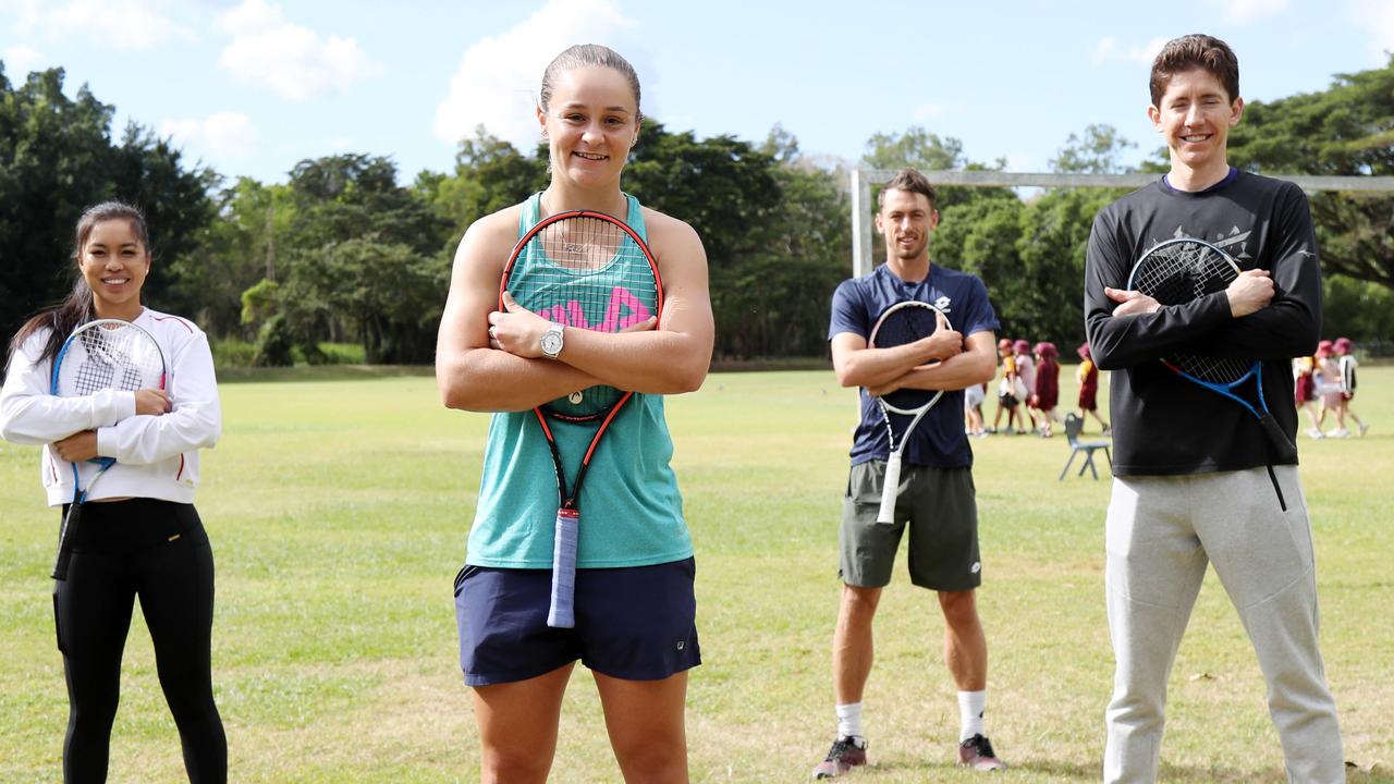 Australian tennis players Lizette Cabrera, Ash Barty, John Millman and John-Patrick Smith in Cairns. PICTURE: STEWART McLEAN.