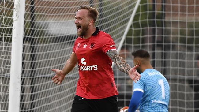 VPL 1 Men: North Sunshine Eagles SC vs Caroline Springs George Cross FC, Played at Larissa Reserve, St Albans, Victoria, Australia, Saturday 15th February 2025.  North Sunshine Eagles SC player No 9 has a free kick and Jubilation. Picture: Andrew Batsch