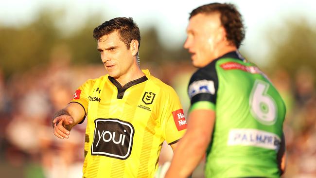 Referee Ziggy Przeklasa-Adamski gestures during the Manly and Canberra clash. Picture: Getty Images