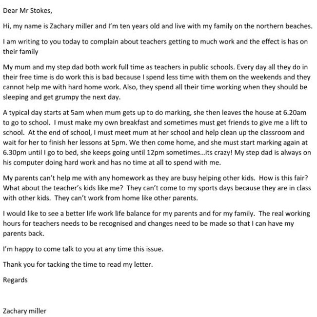 Zachary Miller's letter to Education Minister Rob Stokes.