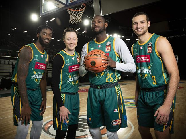 JackJumpers players Rashard Kelly, Josh Magette, Milton Doyle and Jack McVeigh at MyState Bank Arena. Picture: Chris Kidd