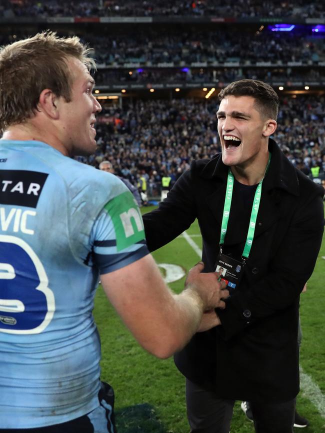 Jake Trbojevic with Nathan Cleary. Picture: Brett Costello