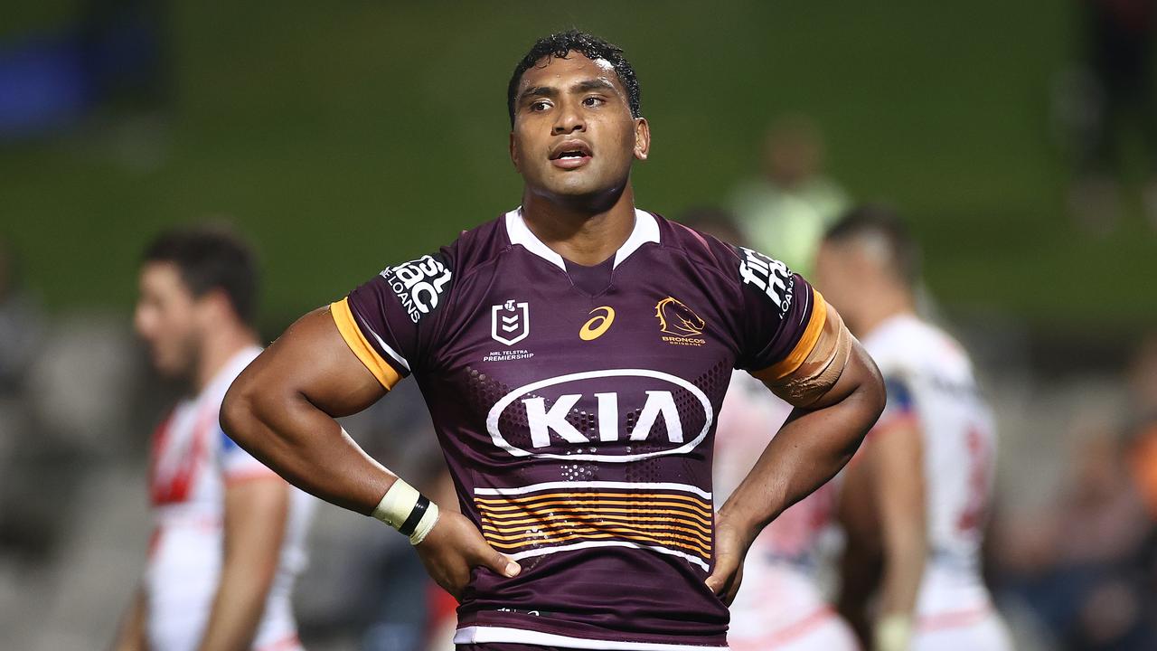 SYDNEY, AUSTRALIA – JUNE 03: Tevita Pangai-Junior of the Broncos is dejected after a try by Ben Hunt of the Dragons during the round 13 NRL match between the St George Illawarra Dragons and the Brisbane Broncos at Netstrata Jubilee Stadium on June 03, 2021, in Sydney, Australia. (Photo by Cameron Spencer/Getty Images)