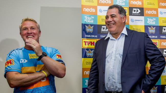 Mal Meninga (right) says he won’t be overruling Gold Coast Titans coach Garth Brennan (left). Picture: Jerad Williams