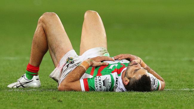 A shattered Greg Inglis after the Rabbitohs’ loss to the Storm. Picture: Getty Images