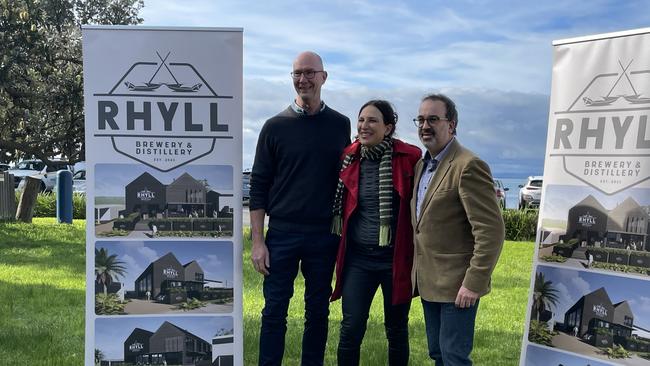 Justin Jamieson, Minister Martin Pakula, Member for Bass Jordan Crugnale at the new Rhyll brewery and distillery site.