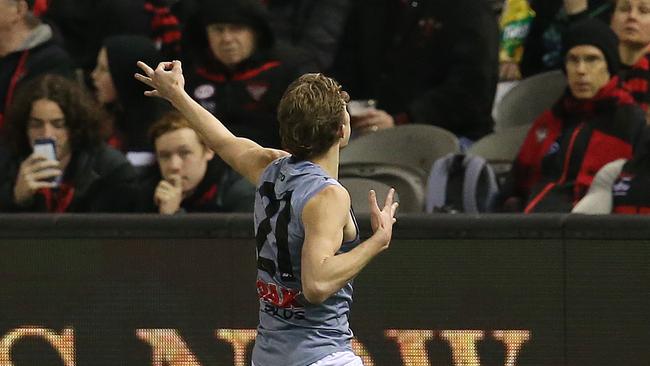 Xavier Duursma celebrates his goal against Essendon at Marvel Stadium on Saturday. Picture: Michael Klein