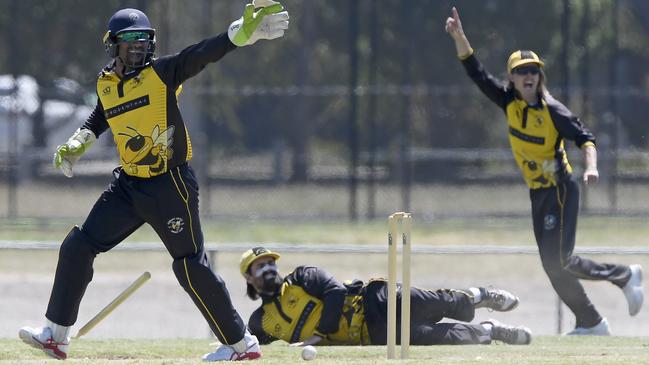 Sunbury United’s Sammika Perera appeals for a run out. Picture: Andy Brownbill