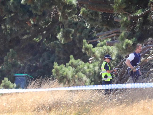 Police at the scene near Geelong where Ms Madhagani’s body was found. Picture: Mark Wilson