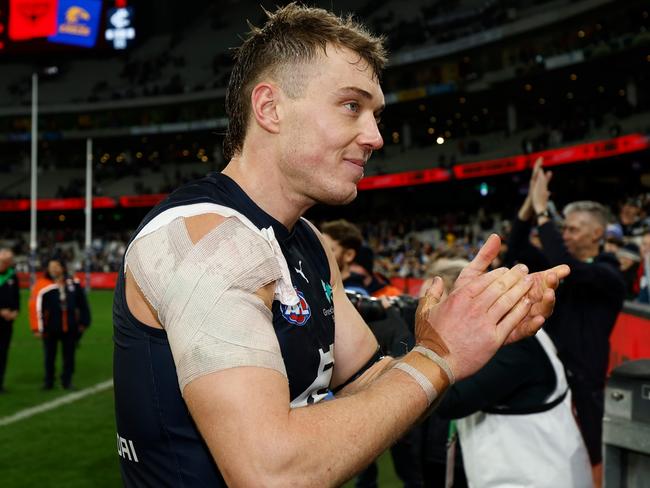 MELBOURNE, AUSTRALIA – JUNE 09: Patrick Cripps of the Blues celebrates during the 2024 AFL Round 13 match between the Essendon Bombers and the Carlton Blues at The Melbourne Cricket Ground on June 09, 2024 in Melbourne, Australia. (Photo by Michael Willson/AFL Photos via Getty Images)