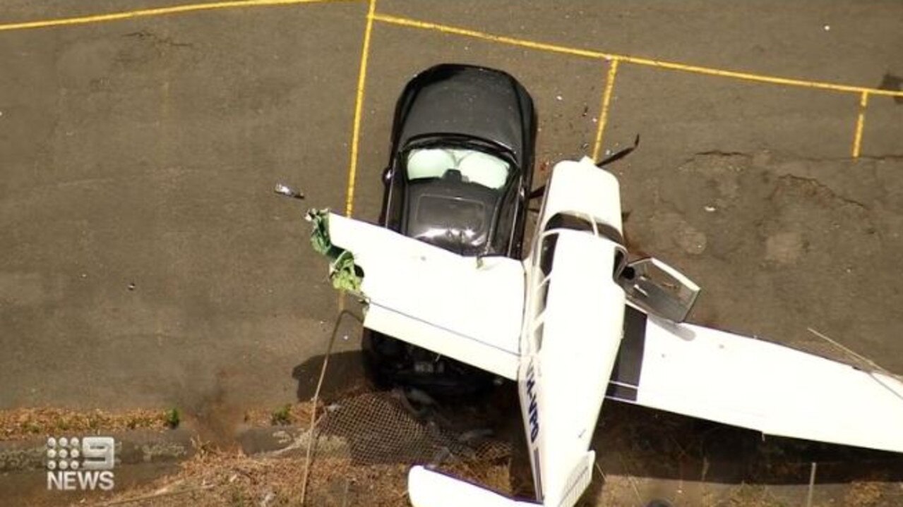 The plane was reportedly airborne for about four minutes when it lost power, before landing and crashing into a parked Mazda. Picture: 9 News